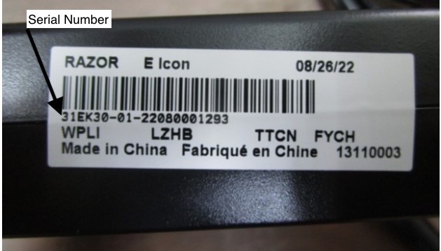 Razor Icon charger serial number example