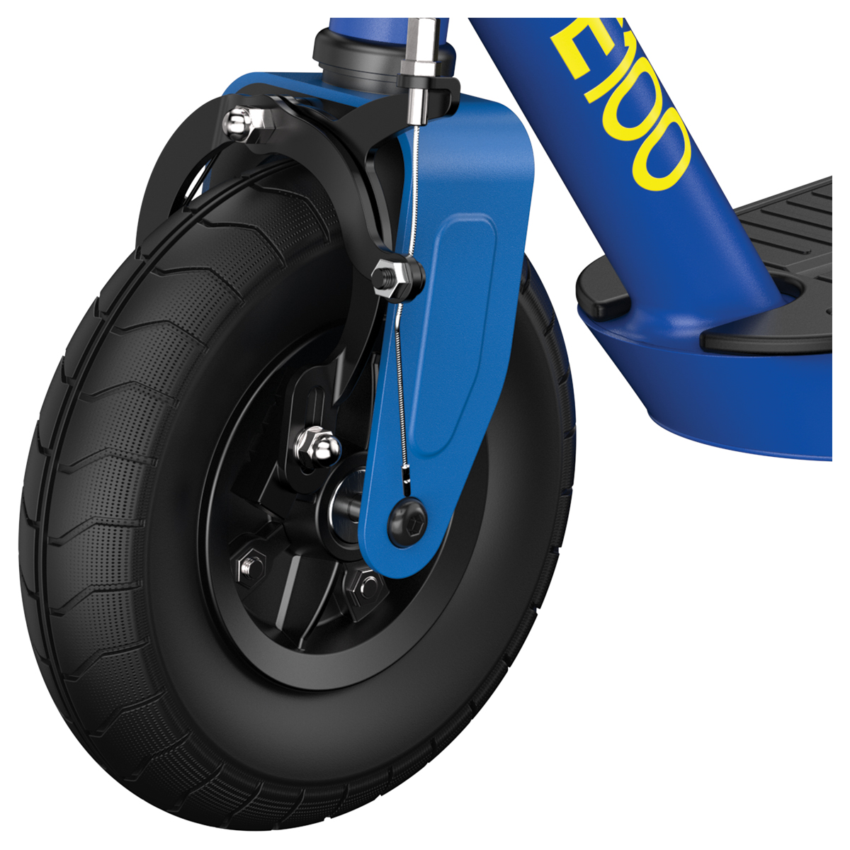 Black Label E100 Scooter front wheel in blue