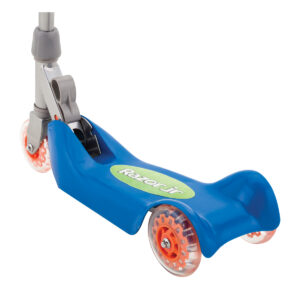Folding Kiddie Kick scooter in blue back wheels right