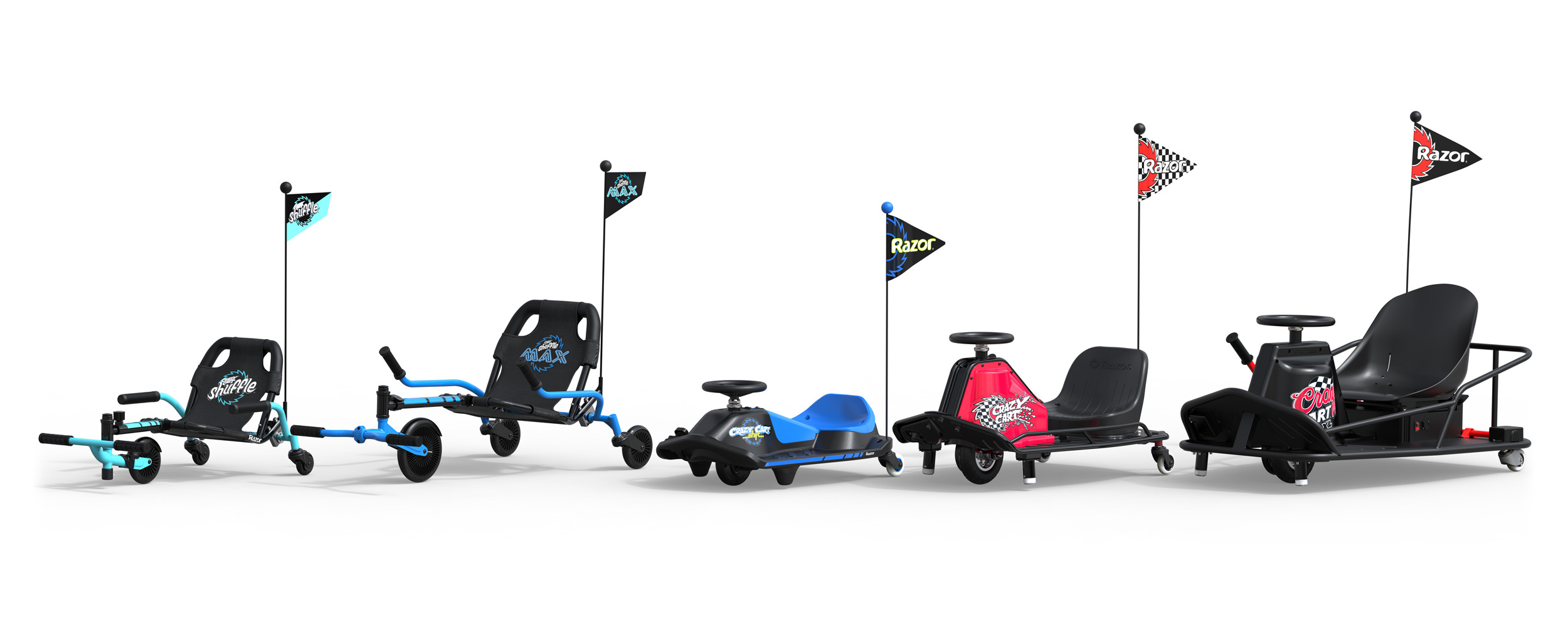 The family of Crazy Carts all lined up next to each other on a white background
